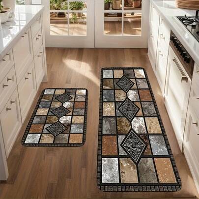2pcs/3pcs Soft Crystal Velvet Non-Slip Kitchen Mat Set - Beige/Brown/Gray/Black/White/Green/Blue/Golden/Red/Black Marble-Like Stone Pattern Mats, Machine Washable Mat-Like Tiles For Entryway, Laundry, Bathroom & Farmhouse Decor