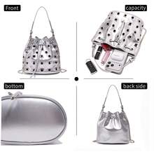 Damen Nieten Eimer Tasche, Handtasche, Umhängetasche, Umhängetasche, Abendtasche mit Magnetverschluss. Quadratisches & rundes Nieten Design, Punk Stil Unterarmtasche mit abnehmbarem Schultergurt, geeignet für Dates, Pendeln, Schule, Reisen, Einkaufen, Essen gehen - Silber - Übersicht 4