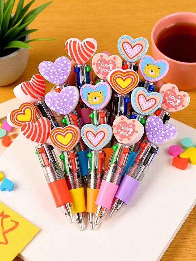 6 szt./12 szt./prezent walentynkowy długopis w kształcie serca, długopis z kreskówkowym sercem, wielokolorowy długopis z przyciskiem, prezent walentynkowy, prezent rocznicowy, upominek na imprezę, wypełniacz do prezentów, losowy styl i kolor - Wielokolorowe - Zobacz 2