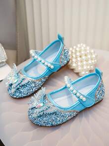 1 Pair Girls' Multi-Color Rhinestone Butterfly Princess Shoes, Pearl Decor Soft Bottom Shoes, Suitable For Spring, Summer, Graduation Party, Performance, Fashionable Little Shoes - Blue - View 5