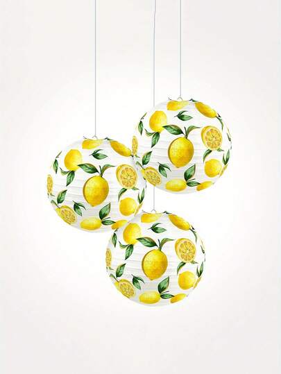 3个/套 阳光柠檬纸灯笼 - 一套3个色彩鲜艳的纸灯笼，饰以清新的柠檬图案 - 清爽的柑橘装饰，适合花园派对和厨房；柑橘印花装饰灯笼，适合冬季派对和家居装饰