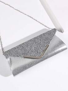 4pcs Women's Party Elegant Luxury Sequin Decor Evening Clutch Bag, Rhinestone Chain Shoulder Bag, Earrings, Necklace, Bracelet Jewelry Set - Silver - View 3