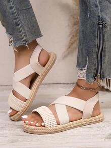 女士春秋新款罗马单层软底弹力面料交叉透气休闲舒适圆头平底凉鞋 - 白色 - 查看 5