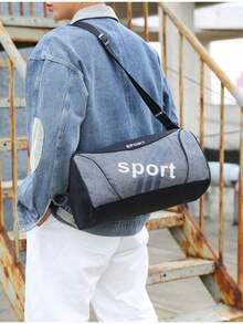 Lässige Farbblock runde Zylinder Sport Umhängetasche, lässige Buchstaben Muster runde Zylinder Sport Fitnesstasche, tragbare Reißverschluss leichte Handtasche modisch unisex für den täglichen Gebrauch, leichte Gepäcktasche mit großem Fassungsvermögen, Trainingstasche - Grau - Übersicht 8