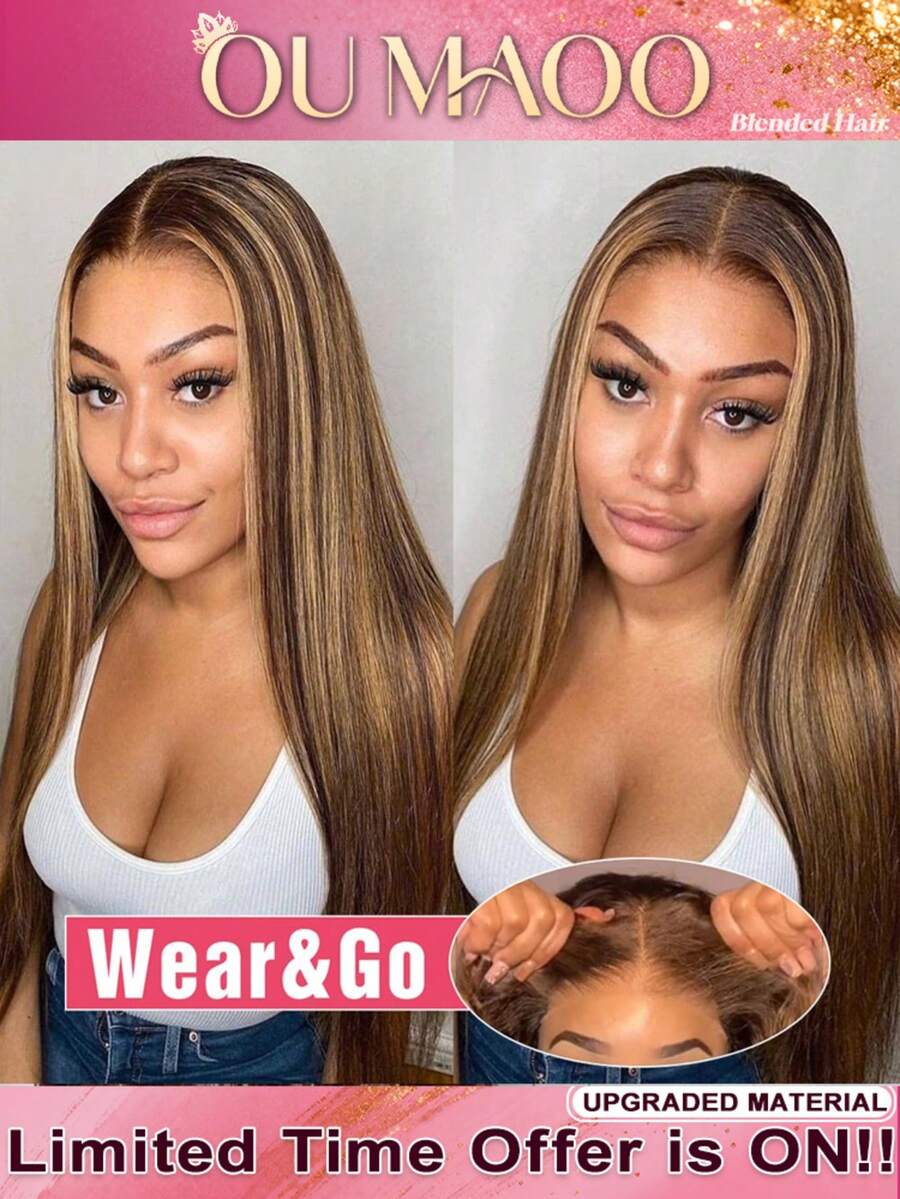 13x6 13x4HD Clear Lace Front Wig, Brazilian Human Blended Hair Straight, Glue-Free - 200% Density Forehead, Pre-Plucked Hairline & Baby Hair, 34 Inches Natural Black, Easy To Wear, No Glue Required - SP4/27 - View 1