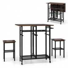 COSTWAY 3 Piece Dining Table Set Extendable Kitchen Table Folding Breakfast Table - Coffee - View 2