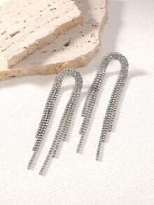 Nooxian 1对时尚迷人派对风格女士耳环，闪亮钻石流苏奢华锆石爪链流苏耳环 - 銀色 - 查看 4