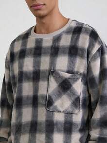 Snug League 2pcs Men Flannel Fluffy Pajama Set, Round Neck Pullover Pocket Patched Top & Pants Casual Loungewear For Autumn/Winter, Fall Winter Clothes, Cozy - Apricot - View 3