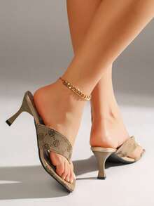 女士花卉刺绣卡其色拖鞋，方头高跟人字拖，时尚女士高跟鞋 - 卡其色 - 查看 7