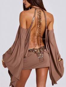 Off-The-Shoulder, Backless Sequins, Loose Bat Sleeves, Halterneck, Hip-Wrapping Dresses, Short Skirts, Party Prom, Dinner Dresses - 棕色 - 查看 4