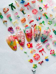 1 Sheet Fresh & Sweet Spring Vibe Nail Art Stickers, Featuring Pearlescent Iridescent Design With Floral Bouquet, Fruits (Peach, Grapefruit), Bow, Mini Bottle, Teacup, Puppy, Camera & Other Daily Items, Creating A Lovely Lifestyle Atmosphere, Suitable For Personal DIY And Nail Decoration - Multicolor - View 4