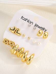 18件套时尚精致甜美仿珍珠心形水滴形水钻耳钉套装，日常、约会、通勤、生日礼物、情人节礼物（送给女朋友） - 金黃色 - 查看 4