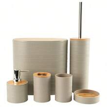 4-Piece Bamboo Bathroom Accessory Set, Includes Soap Dispenser, Toothbrush Holder, Toothbrush Cup, Soap Dish, Suitable For Countertop Decor, Birthday, Holiday, Housewarming, Christmas Gift (Gray, Black, Beige, White) - Multicolor - View 1