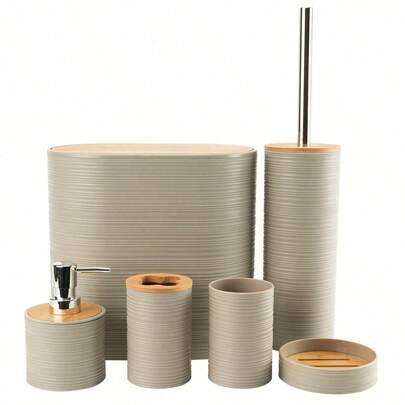 4-Piece Bamboo Bathroom Accessory Set, Includes Soap Dispenser, Toothbrush Holder, Toothbrush Cup, Soap Dish, Suitable For Countertop Decor, Birthday, Holiday, Housewarming, Christmas Gift (Gray, Black, Beige, White)