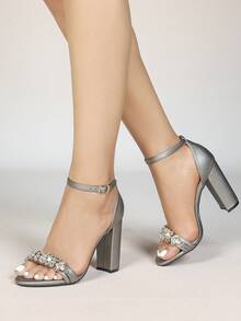 Women's Fashionable New Comfortable Rhinestone Buckle Vacation Bare Strap High Heel Roman Chunky Heel Party Sandals - Grey - View 5
