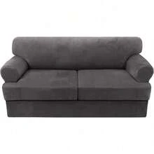 Trugenix-Sofa Cover 2 Piece T Cushion Armchair Slipcovers Velvet Couch Cover Furniture Protector Stretch T Cushion Sofa Covers For 1 Cushion Couch With 1 Individual T Cushion Covers, Deep Teal-GP - Neutral Gray - 查看 8