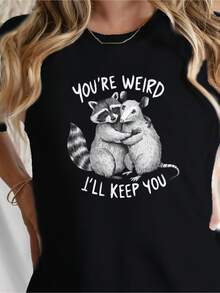 Women Soft T-Shirt With Adorable Raccoon Possum Design You're Weird I'll Keep You Graphic Comfortable Fit Machine Washable Black Casual Tee For Spring Summer Wear - 黑色 - 查看 7