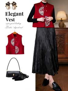 Springtime Asymmetrical Double Dragon Embroidered Cardigan Vest Top, Short Style, Sleeveless Red Cropped Jacket, Elegant And Casual Vest For Women. Fold-Front Cardigan, Unlined, A Great Gift For Mothers, A Stylish Vest, High-Quality And Fashionable, Suitable For Holidays, Shopping, Everyday Wear, Casual Occasions, Vacations, Social Events, And Parties. - Red - View 2