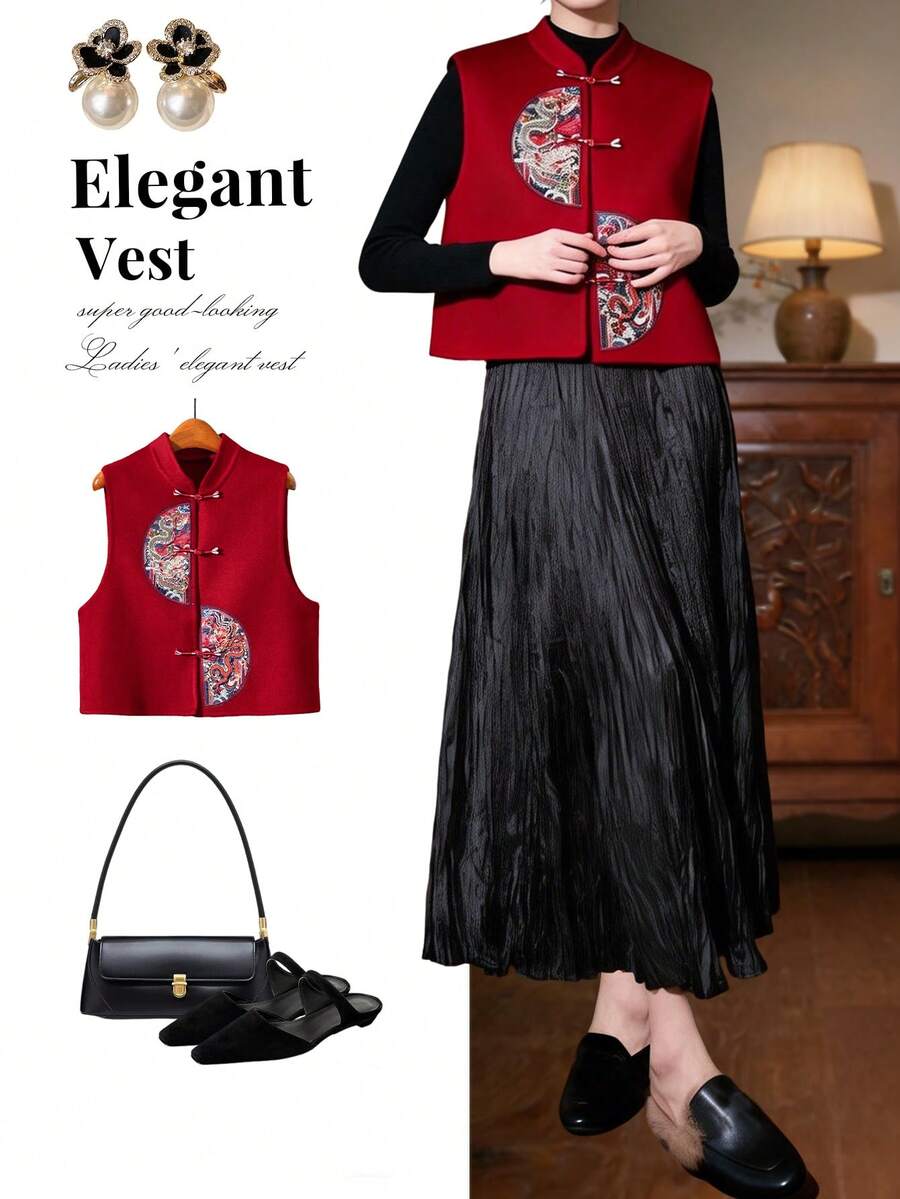 Springtime Asymmetrical Double Dragon Embroidered Cardigan Vest Top, Short Style, Sleeveless Red Cropped Jacket, Elegant And Casual Vest For Women. Fold-Front Cardigan, Unlined, A Great Gift For Mothers, A Stylish Vest, High-Quality And Fashionable, Suitable For Holidays, Shopping, Everyday Wear, Casual Occasions, Vacations, Social Events, And Parties. - Red - View 1