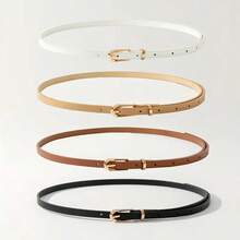 4pcs Women's Classic PU Leather Skinny Belt Set - Solid Color Buckle Adjustable Waist Belt, Suitable For S Size Pants, Dresses, Casual, Office, Party Outfits, Essential For Autumn, Halloween