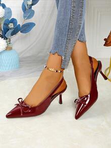 1 Pair Elegant Fashion Classic Style New Burgundy Glossy High Heel Pumps, Stylish For Formal Events And Everyday Wear, Comfortable Versatile Sparkling Red Pointed Toe Slingback Heels With Bow Accent, 1 Pair Women's Backless Bowknot Sandals - Burgundy - View 3