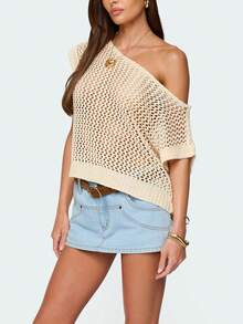 Women's Off Shoulder Sweaters Short Sleeve Hollow Out Knit Pullover Loose Fit Tops - 米色 - 查看 5