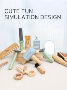 全新逼真美发套装，儿童过家家理发工具，木制婴儿化妆玩具 - 彩色 - 查看 7
