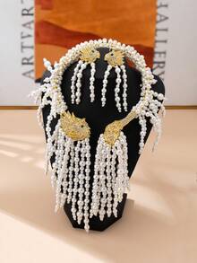 Elegant Luxury Elegant Faux Pearl Tassel Design With Full Diamond Lion Element Women's Charming Jewelry Set, Suitable For Wedding/Banquet, Exquisite Maximalism Accessories That Shine Among The Crowd - Multicolor - View 4