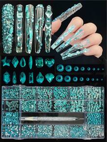 12 Stile mit 600 Stück bunte unregelmäßige Strass + 2500 Stück Flachboden Nagelstrass, 19 Stile, geeignet für DIY Basteln, 3D Dekoration, Flachedelsteine, inklusive Wachsstifte für Nägel, Schuhe, Kleidung, Schmuck, Glas, tolles Geschenk für Neujahr, Valentinstag - blauer See - Übersicht 6