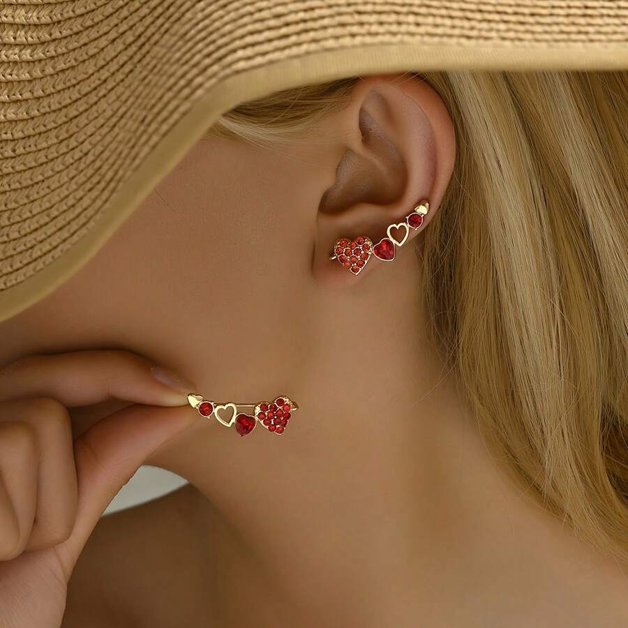 优雅可爱的红色心形耳环，高端大气，适合约会、送礼和日常佩戴。 - 紅色 - 查看 1