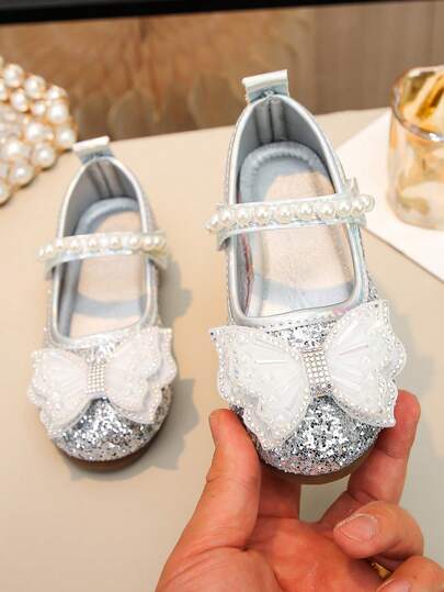 1双紫色蝴蝶亮片公主鞋，女童春夏秋季珍珠装饰软底鞋，适合女孩生日派对、学校表演等场合，百搭小鞋