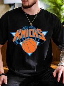 New York Knicks Basketball Logo White T-Shirt For Men Unisex Casual Streetwear Tee Shirt With Team Design Sport Fan Apparel Gift For Basketball Lovers - 黑色 - 查看 1