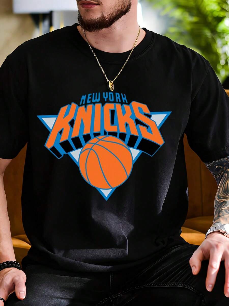 New York Knicks Basketball Logo White T-Shirt For Men Unisex Casual Streetwear Tee Shirt With Team Design Sport Fan Apparel Gift For Basketball Lovers - 黑色 - 查看 1