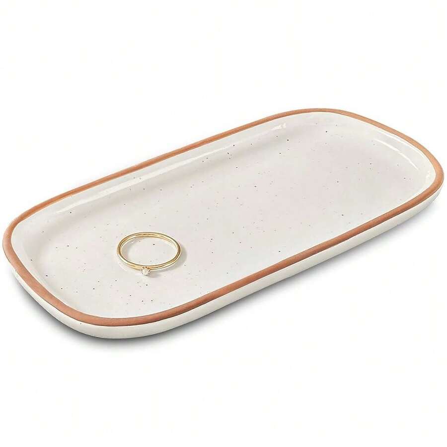 Mora Small Ceramic Decorative Tray – Rectangle 6.4 Inch Dish For Jewelry, Perfume, Makeup, Accessories, Candle, In The Bathroom Vanity, Bedside, Or Kitchen Counter – Cute Organizer – White - 香草白 - 查看 1