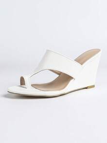 Women's Fashion High Heel Shoes, PU Leather, Solid Color, Party, Slip-On, Open Toe, Open Heel, Classic Round Toe Sandals, Wedge Sandals, Summer, Outdoor, Regular, Women's White Sandals, High Heel Slippers, Minimalist, Sexy, Versatile, Metallic