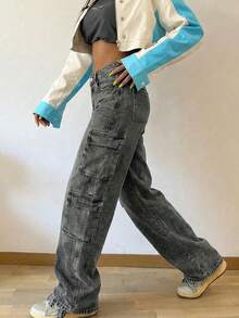 Women's Y2K Multi-Pocket High Waist Straight Leg Denim Cargo Pants - Light Grey - View 4