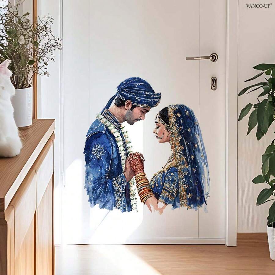 1pc Blue Bride & Groom 3D Wall Sticker, Waterproof & Removable PVC Wall Decal, Suitable For Ramadan, Bedroom, Kitchen, Living Room - Multicolor - View 1