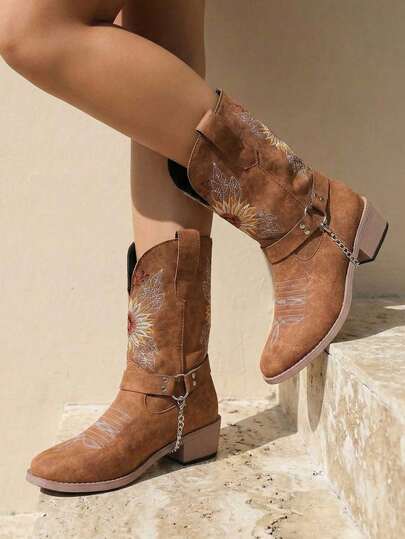  Planare Women's Brown Embroidered Floral Sunflower Removable Waist Chain Decor Western Boots, Cowboy Boots, Mid-Calf Boots, Boots, Block Square Low Heel Slip-On Booties, Versatile For Casual, Holiday, Party, Music Festival, Punk Retro Outfits, Autumn/Winter