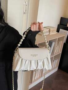 Women's Fashion Casual Minimalist Pleated Design Flap Small Square Bag With Pearl Decor, Shoulder & Crossbody - White - View 8