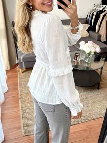 ii Women's Elegant Textured V-Neck Frill Trim Long Sleeve Blouse White Spring - White - View 7