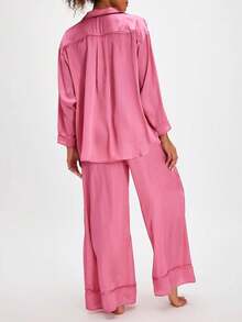 Conjunto de Pijama Floral para Mujer, Camisa de Manga Corta con Lazo y Shorts, Ropa de Dormir y Descanso Diario - Rosa - Ver 2