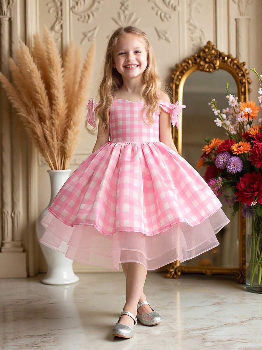 Young Girl Satin Tulle Puff Skirt With Bow, Cute & Dress Suitable For Birthday Party, Excluding Headband - Pink - View 1
