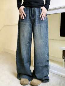 女式复古宽松直筒牛仔裤，超大美式阔腿垂褶裤，秋冬