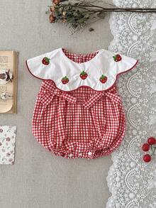 Newborn Baby Girls Cute Ruffle Collar Bow Strawberry Embroidery Plaid Romper, Spring/Summer - Red - View 8
