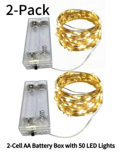 2pcs 2-5m Warm White LED Copper Wire String Lights, Battery Powered (Batteries Not Included), Suitable For Valentine's Day, Ramadan, Wedding, Bedroom, Party Decoration