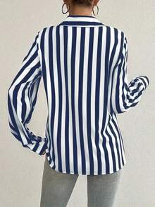 Contrast Color Block Striped Button Front Women Shirt, Loose Striped Blouse For Women Slimming Vintage Niche Versatile Top, Suitable For Daily Life And Valentine's Day - 藍色 - 查看 2