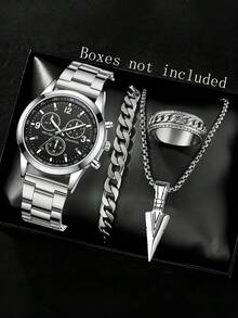 4pcs/Set Men's Casual Business Roman Scale Calendar Quartz Watch, Bracelet, Cross Necklace, Ring Jewelry Set, Suitable For Daily Wear