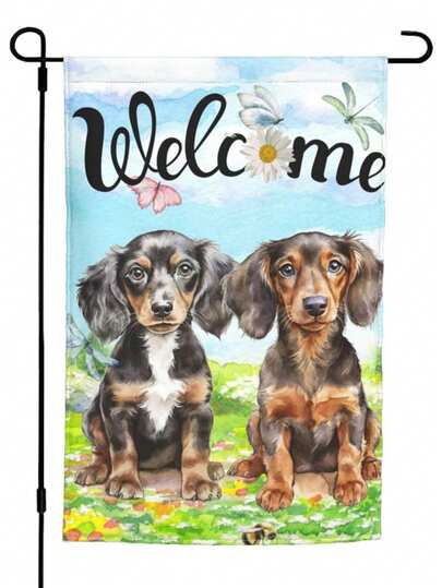 1PC Easter Dachshund Welcome Garden Flag, "Welcome" Spring Cute Dog Decor Flag, Outdoor Yard Holiday Decoration Flag (Flagpole Not Included)
