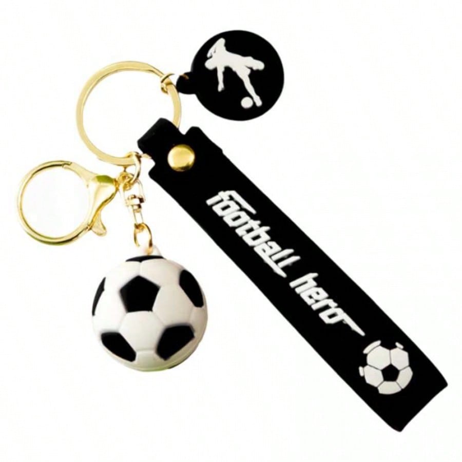 Llavero de Balón de Fútbol de Goma Suave Tamaño Pequeño - Color Negro Diseño Deportivo