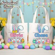 Personalized Easter Bunny Canvas Tote Bag, Customizable Easter Tote Bag With Name, Bunny Ear Easter Tote Bag, Children's Easter Tote Bag, Reusable Tote Bag, Easter Basket, Happy Easter, Easter Gift - Multicolor - View 2